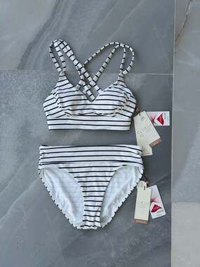 CALIA Striped Strappy Bikini Top and Mid-Rise Bottom Set Size XXS-0